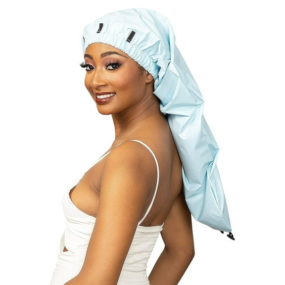 Esha Girl Shower Cap for Long Hair – Waterproof Cap for Braids, Locs & Twists – Snug Fit, No Leaks, Easy Button-Up (Light Blue, Long 22.3" x 9")