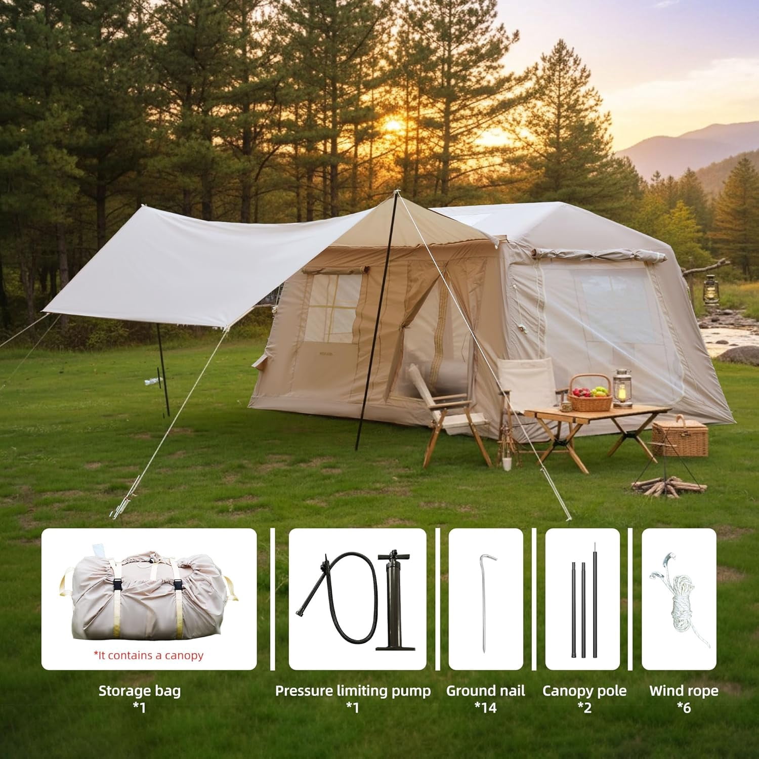 Esheno 11㎡ Inflatable Camping Tent with Canopy Hand Pump 4-Season Waterproof Oxford 4-8 Person Glamping 157.48x108.27x78.74"