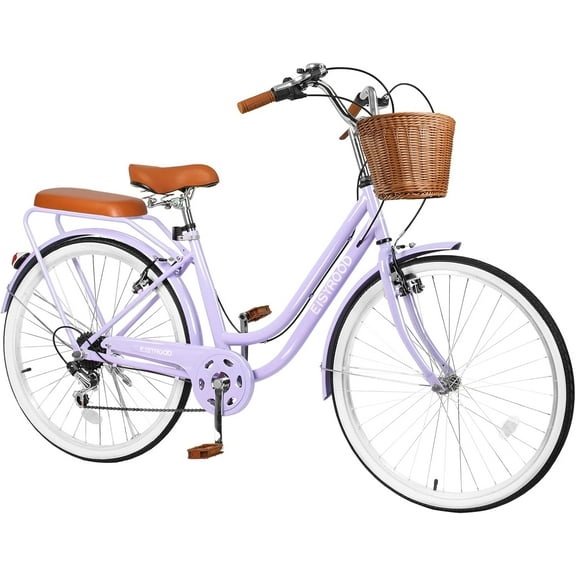 Esheno 26 inch Women's Beach Cruiser 7-Speed Lightweight Bicycle Anti-Skid Tires Adjustable Seat V-Brakes Hybrid Frame Purple