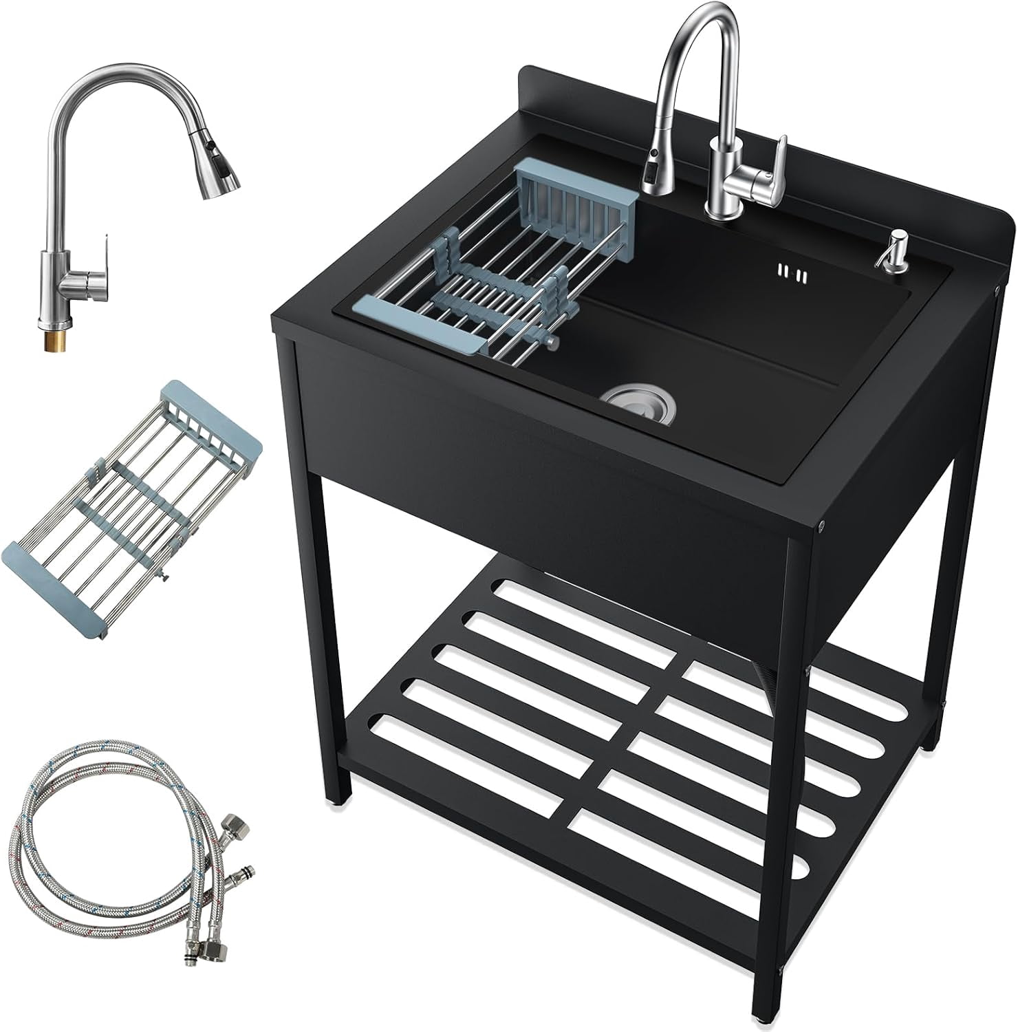 Esheno 33.5 inch Stainless Steel Freestanding Utility Sink Cold Hot Faucet Hoses Drain Kitfor Outdoor Kitchen Laundry Bar Black