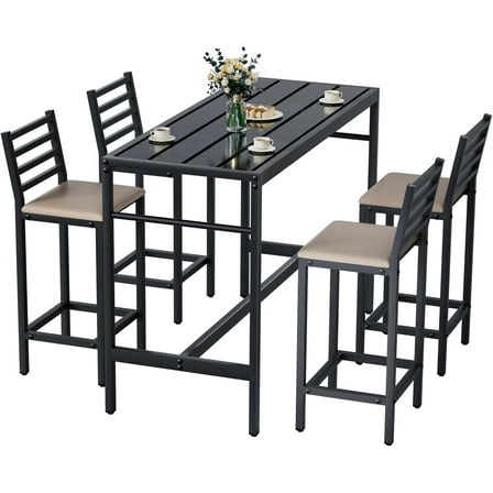 Esheno 5 Piece Outdoor Bar Set with 50" Rectangular High Top Table 4 Stools All Weather Metal  Textilene