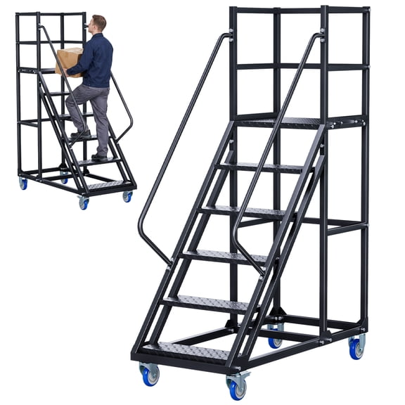 Esheno 6 Step Rolling Steel Safety Ladder 1100 lbs Capacity Heavy Duty with Handrails 360 Lockable Wheels Anti Slip Pedals Triangular Structure for Office Home Store Library Logistics