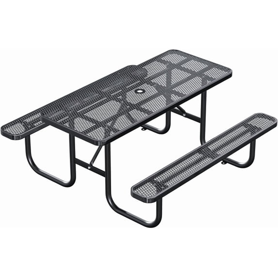 Esheno 6ft Heavy Duty Metal Picnic Table Set 4 Benches Black W Umbrella Hole For Patio Coffee