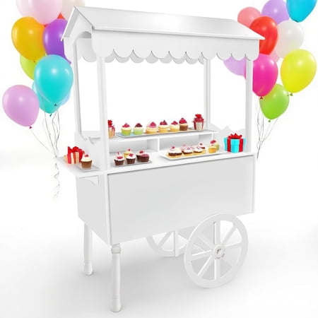 Esheno 6ft White Candy Cart Display Stand With Decorated Wheels Includes 100 Balloons For Christmas Party Wedding Birthday Vintage Dessert Display