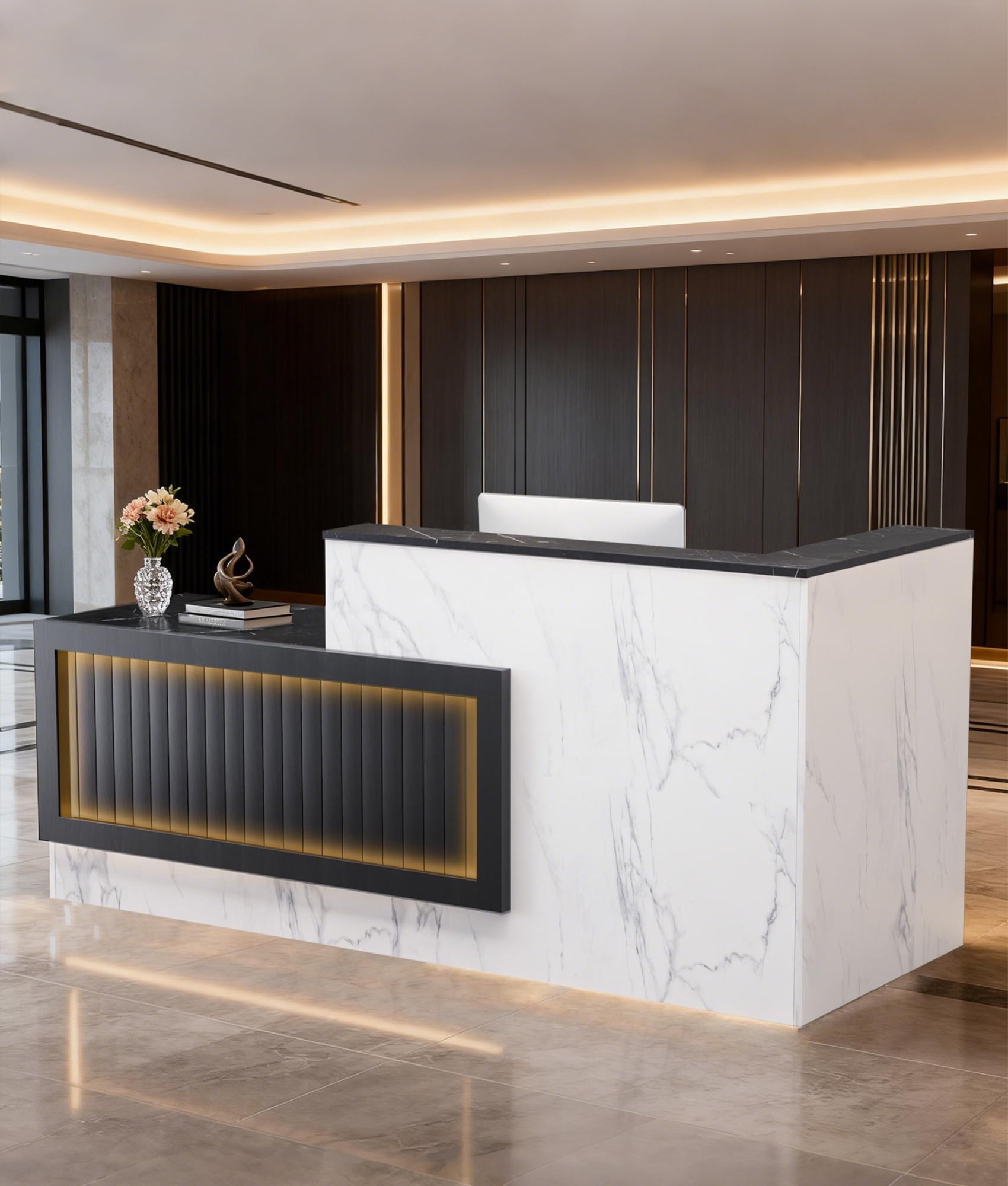Esheno 71in L Shaped Reception Desk with Storage Drawers Tall Cabinet Lighting 71"H Multicolor for Office School