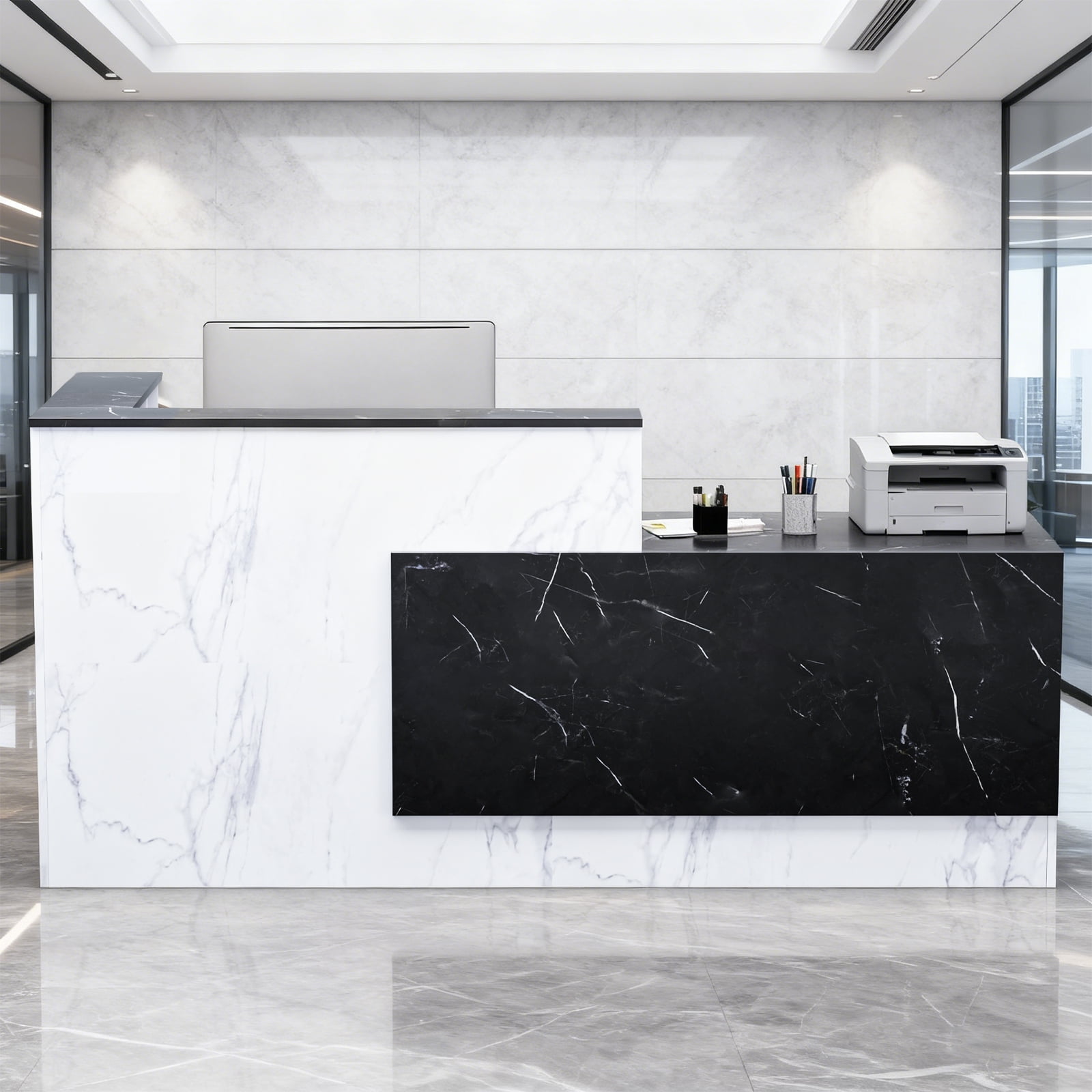 Esheno 71in Reception Desk Wood Front Counter Black White Matte Right Side Cabinet for Office School