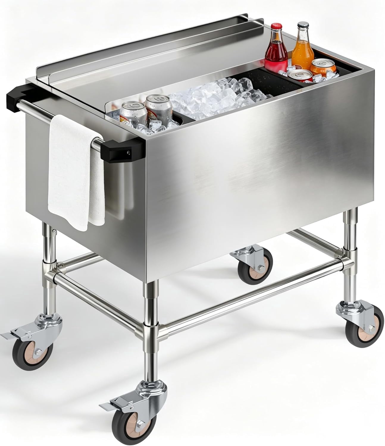 Esheno 80 Quart Rolling Ice Chest Cooler Cart Stainless Steel Insulated Outdoor Beverage Cooler with Cup Holders Wheels Sliding Lid Drain for Backyard Pool Party BBQ