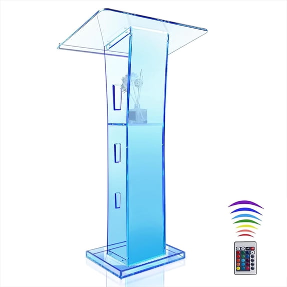 Esheno Acrylic Church Pulpit 42.5 inch Clear Church Pulpit with 15 Color Adjustable Lights and Storage Shelf for Church Wedding Concert
