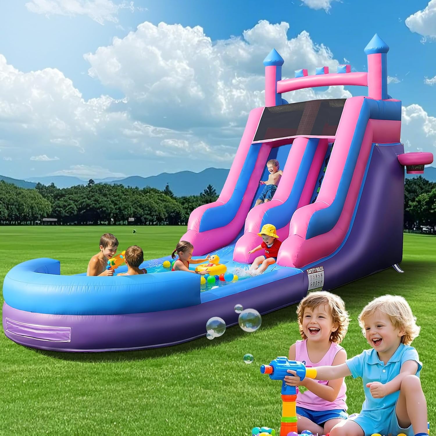 Esheno Adult Inflatable Water Slide 26.2x17.38x9.84 ft Commercial Grade PVC with Pool Double Slides Wet Dry Use Summer Party