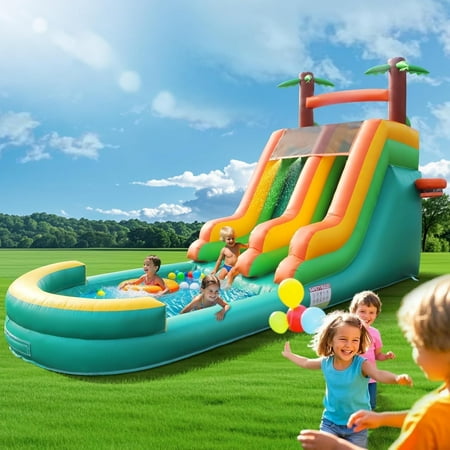 Esheno Adult Inflatable Water Slide with Double Slides 26.2 ft Large Swimming Pool Center PVC Commercial Grade 950W Blower Wet Dry Use