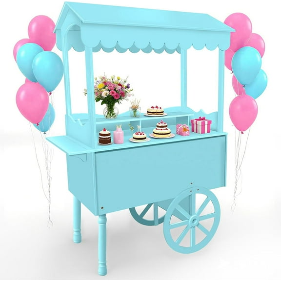 Esheno 6ft Blue Candy Cart Display Stand With Decorated Wheels Includes 100 Balloons For Christmas Party Wedding Birthday Vintage Dessert Display