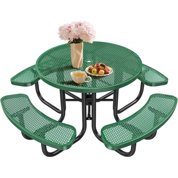 Esheno Commercial-Grade Outdoor Picnic Table 46in Circle Top 8-Person 4 Benches W Umbrella Hole Green