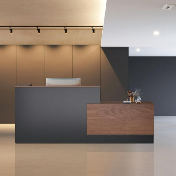 Esheno Commercial L Shaped Reception Desk 87 inch Wooden Front Counter with Lockable Drawers Cabinet Walnut Right Cabinet for Lobby Office Checkout