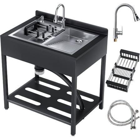 Esheno Commercial Stainless Steel Freestanding Sink Cold Hot Water Faucet Hoses for Outdoor Kitchen Laundry 33in Sliver