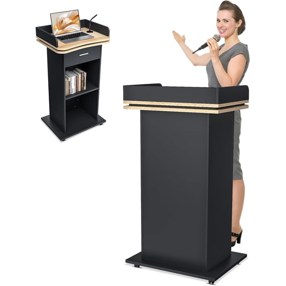 Esheno Customer Reception Podium 43.3 inch Wood Lectern with 3 Level Storage and Wheels Floor Standing Mic Ready for Office Church School Conference