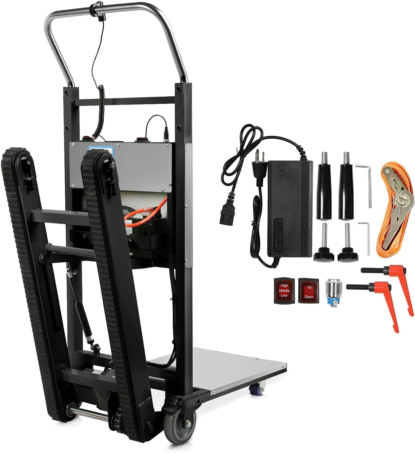 Esheno Electric Stair Climbing Hand Truck 880 lbs Capacity Heavy Duty Stair Climber Dolly with 3 Ropes for Furniture Logistics Warehouse Black and Silver