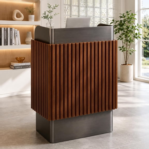 Esheno Fully Assembled Reception Desk Stainless Steel Finish Modern Wooden 110 lbs Capacity 2 Storage Front Counter for Office Beauty Salon Walnut 26.5x45.67x12.2 inch