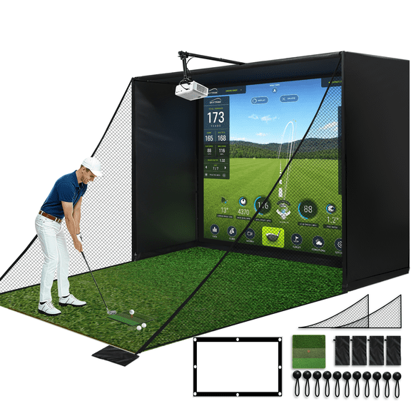 Esheno 10x8 ft Golf Simulator Enclosure Complete Kit with Alloy Steel Frame and HD Impact Screen Indoor Garage Home Golf Training Cage Equipment