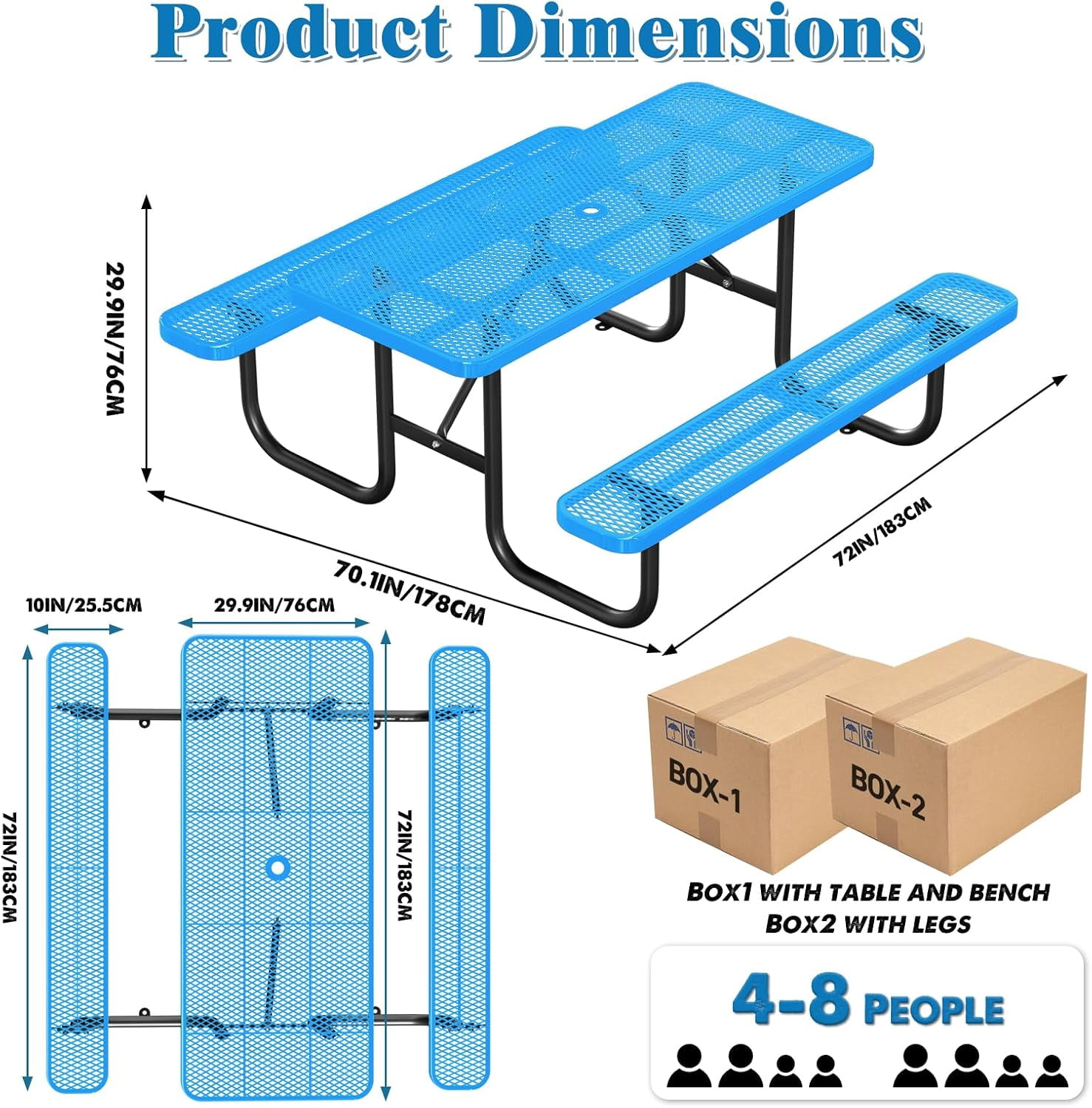 Esheno Outdoor Picnic Table and Benches 72 inch Heavy Duty Steel Set ...