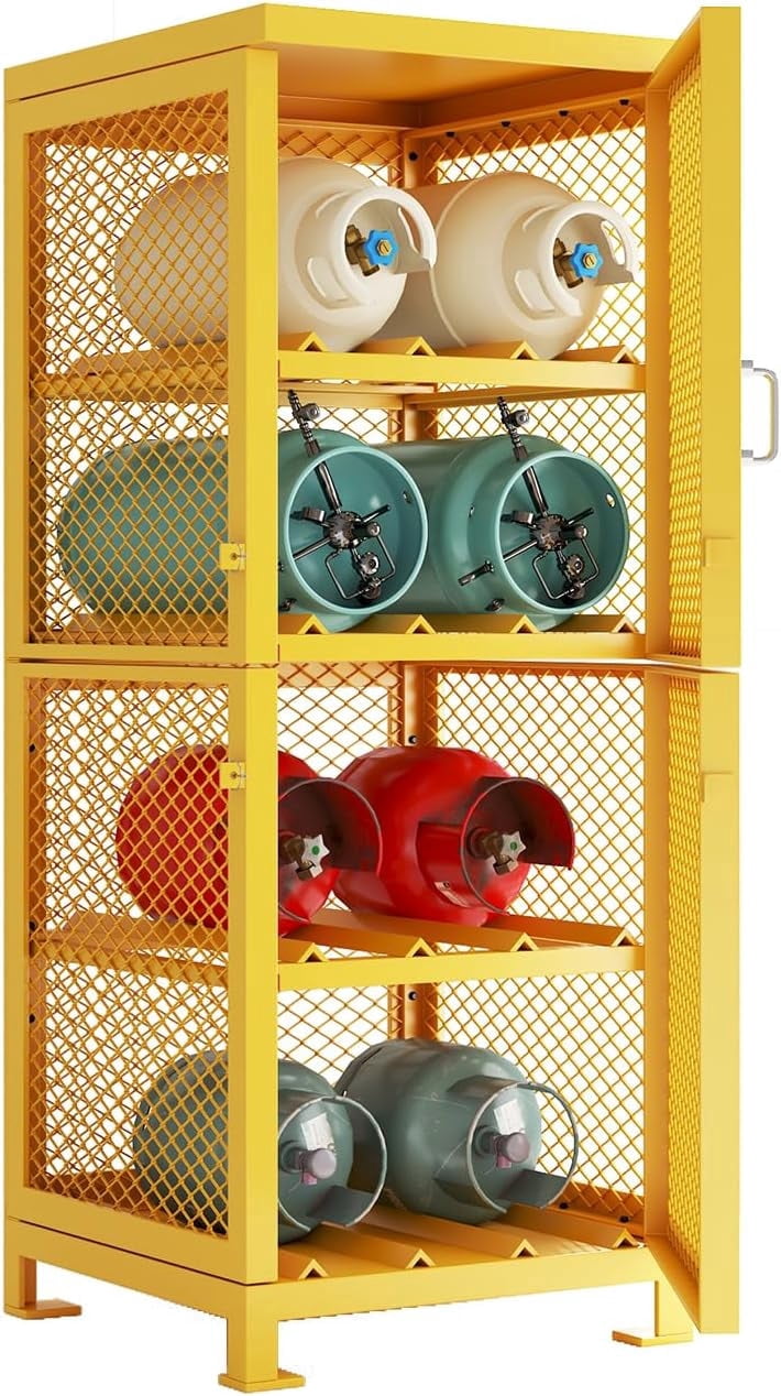 Esheno Heavy Duty Refrigerant Tank Rack 8 Cylinder Storage 71.75 inch Cold Rolled Steel Yellow Powder Coating Safety Fence Shelf for HVAC Workshop