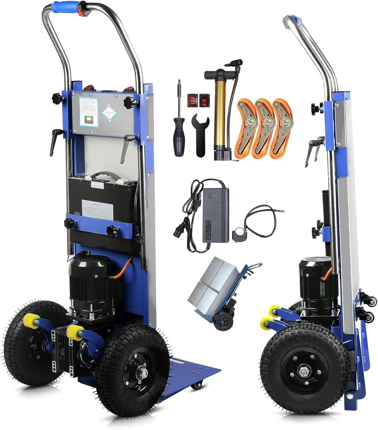 Esheno Heavy Duty Stair Climber Cart 880 lbs Capacity Electric Hand Truck with 3 Ropes Effortless Lifting for Furniture Logistics Warehouse Blue