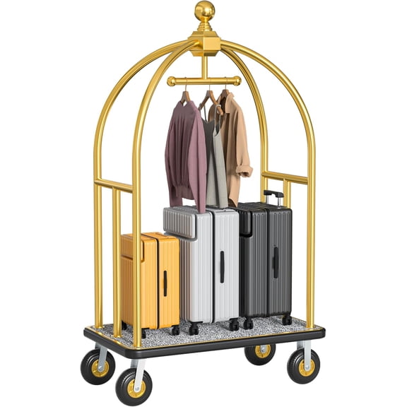 Esheno Hotel Luggage Cart 1300 LBS Capacity Brushed Stainless Steel with Grey Carpeted Deck for Hotel Airport Office Gold