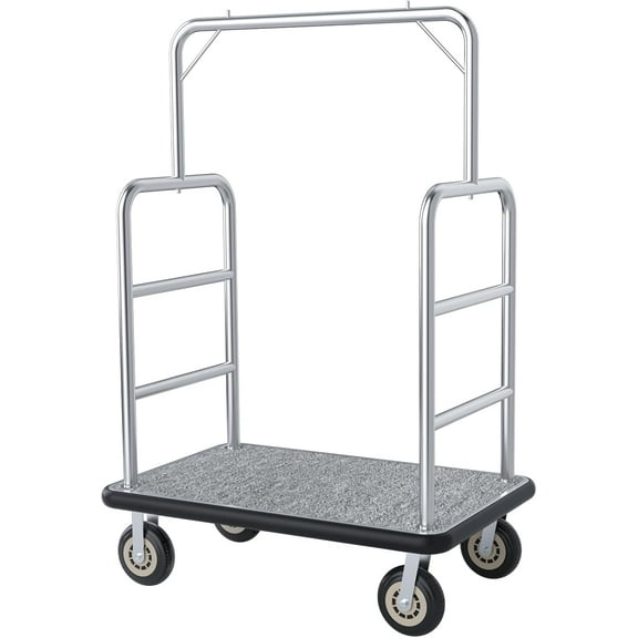 Esheno Hotel Luggage Cart 42x26x70 inch 1300 lbs Capacity Commercial Trolley Brushed Stainless Steel 8 inch Wheels Grey Carpeted Deck