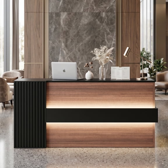 Esheno L Shaped Modern Reception Desk 75 inch with Mobile File Cabinet Password Lock Storage 4 Tier Waterproof Structure for Front Desk Lobby Office