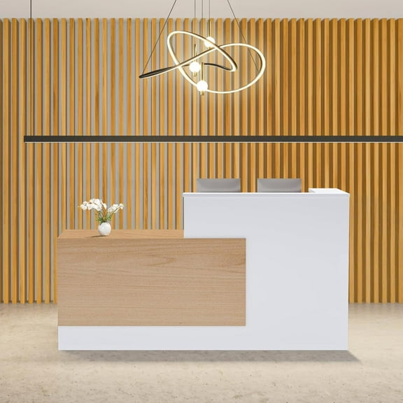 Esheno Modern Wooden L Shaped Reception Desk 71 inch Commercial Counter with Lockable Drawers and Cabinet Plain Wood Color Left Side Storage for Office Lobby School