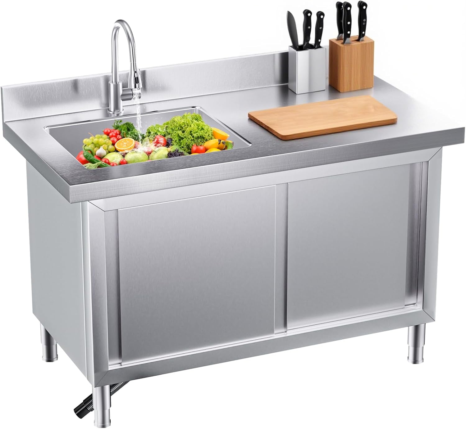 Esheno Outdoor Stainless Steel Kitchen Sink 22.2"D x 43.3"W x 31.5"H Freestanding Workbench Storage Pull-out Faucet For Garage