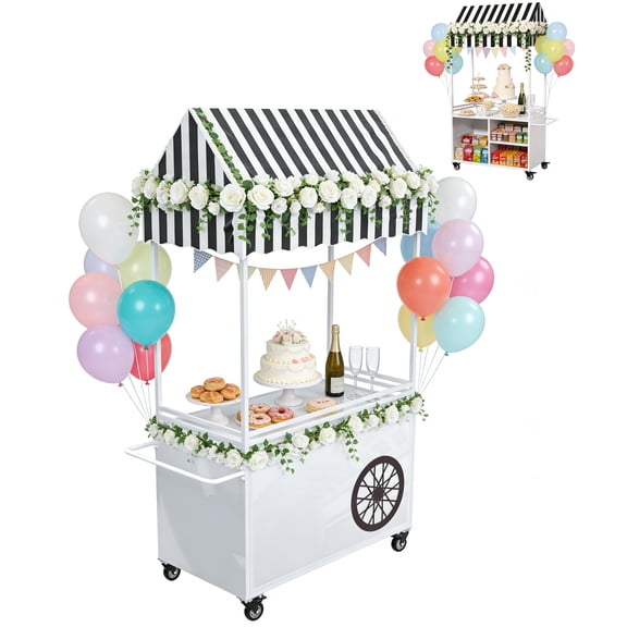 Esheno Candy Cart Portable 74 inch with Canopy 360 Swivel Wheels Wide Worktop Storage Metal Frame for Birthday Party Outdoor Event