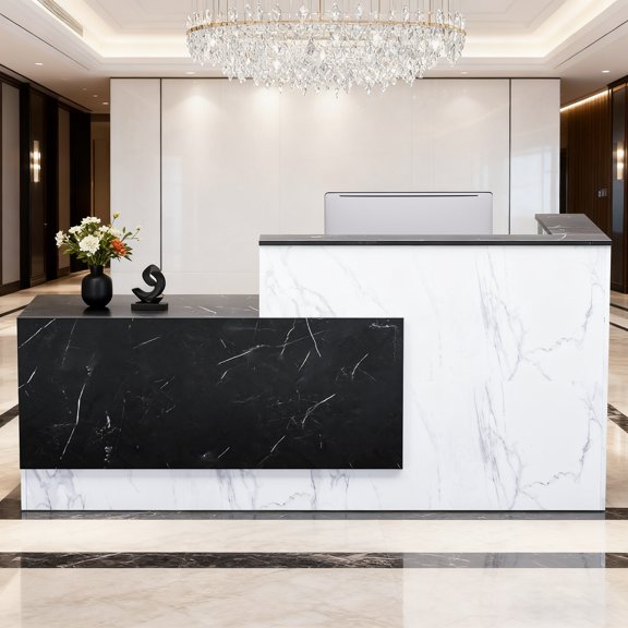Esheno Reception Desk Commercial Wood Front Desk Black White Matte Finish Left Cabinet for Office Hotel School