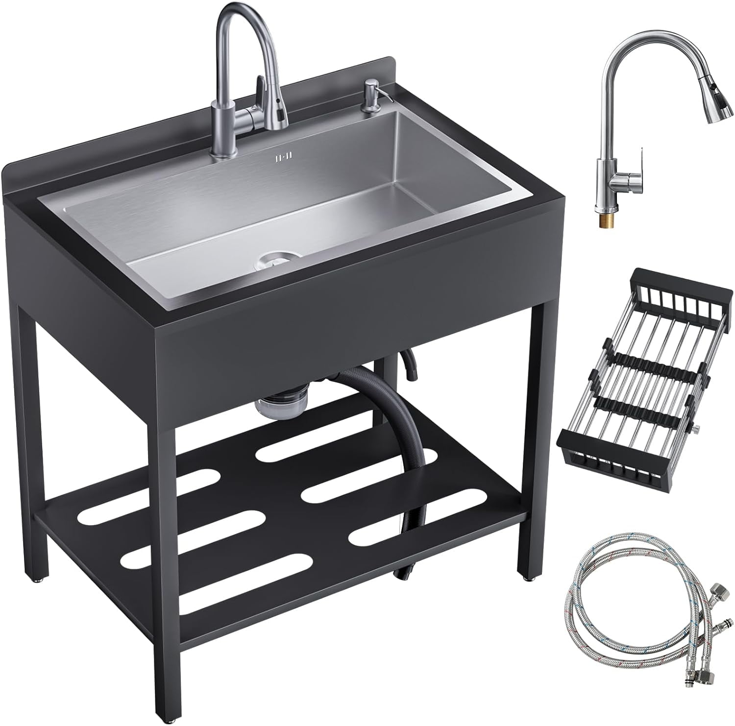 Esheno Stainless Steel Freestanding Utility Sink Cold Hot Faucet Hoses Drain Kit For Backyard Bathroom Sliver 41.7in