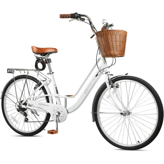 Esheno Women's 26 inch 7-Speed Beach Cruiser Bike Lightweight Hybrid Frame Anti-Skid Tires V-Brakes Adjustable Seat Commuter Bicycle White