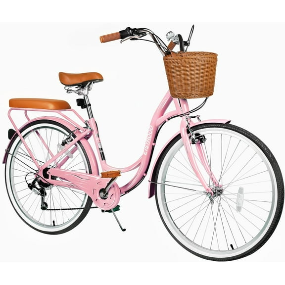 Esheno Women's 26 inch 7 Speed Cruiser Bike With Basket And Rear Rack Lightweight City Bicycles All Terrain Tires Vbrakes Commuter Bike For Women Adult Pink