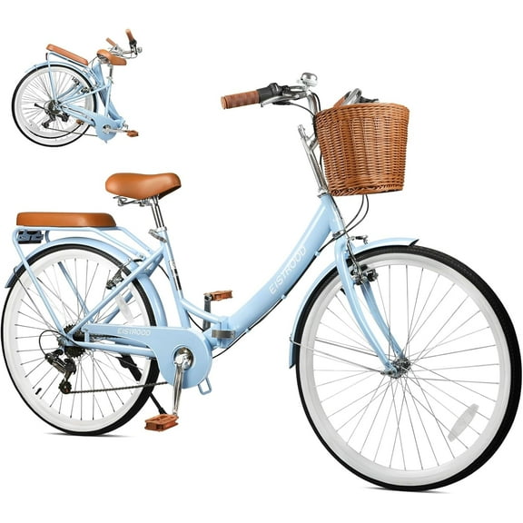 Esheno Women's 26 inch Foldable Cruiser Bike 7-Speed Folding Bicycle Lightweight Frame Anti-Skid Tires V-Brakes Adjustable Seat Blue