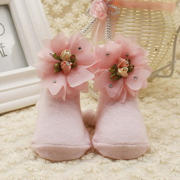 Esho 0-12M Infants Baby Girl Princess Lace Flower Socks Baby Shower Holiday Birthday Gifts, Pink