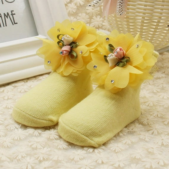 Esho 0-12M Infants Baby Girl Princess Lace Flower Socks Baby Shower Holiday Birthday Gifts, Yellow