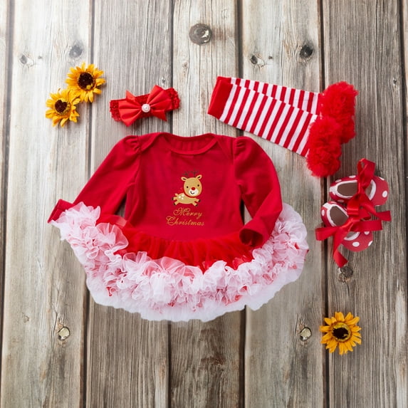Esho 0-18M Baby Girls Christmas Outfits Newborn Tutu Dress Romper+ Headband+ Leg Warmer+ Baby Shoes Xmas Clothing