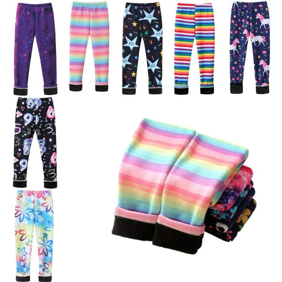 Esho 1/2 Pack Girls Winter Warm Thicken Fleece Leggings Kids Printed Tights Long Pants 2-10Y