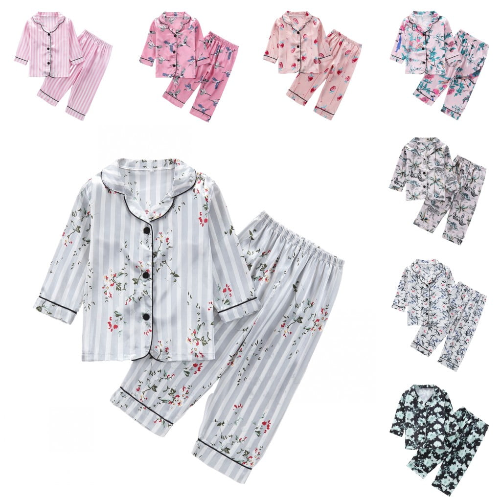 Esho 12M6T Toddler Girls Satin Silk Pajamas Sets Long Sleeve ButtonDown Shirts + Pants Pjs