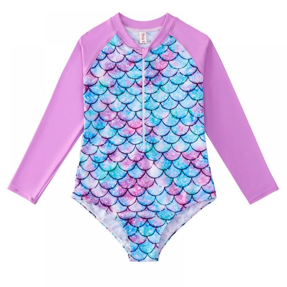 Esho 2-12Y Todller Girls Long Sleeve Rash Guards One-Piece Swimsuits,  Teenager Little Girl Beach Swimming Surfing Bathing Suit 