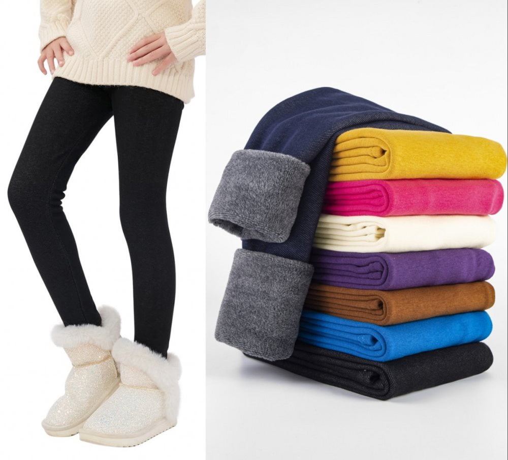Esho 2-13Y Girls Winter Warm Thicken Fleece Leggings Kids Solid Color  Tights Long Pants