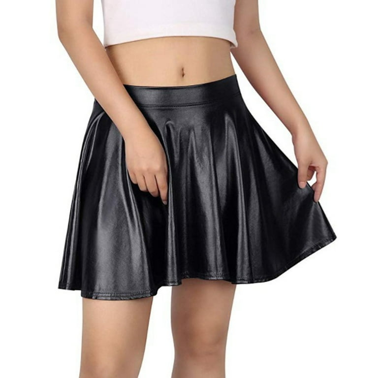 Esho 3T-12T Girls Casual Faux Leather Midi Skirts Solid Color High