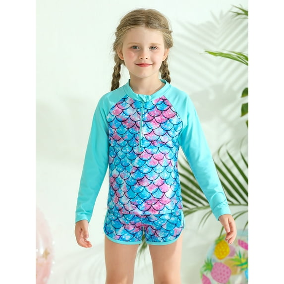 Esho 3T-4T Toddler Little Girls Summer Rash Guards Swimsuit Long Sleeve Swim Shirts + Swim Shorts 2Pcs Bathing Suit