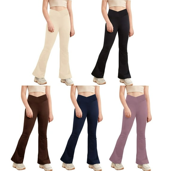 Esho 4-10T Little Girls Athletic Yoga Pants V Cross High Waist Wide Leg Workout Flare Pant Bell Bottoms Leggings