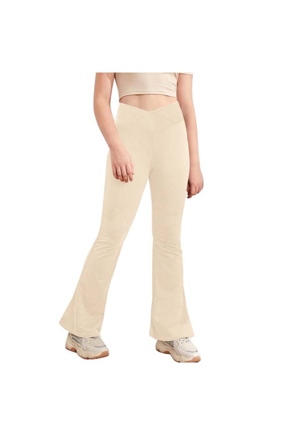 4-10T Little Girls Athletic Yoga Pants V Cross High Waist Wide Leg Workout Flare Pant Bell Bottoms Leggings