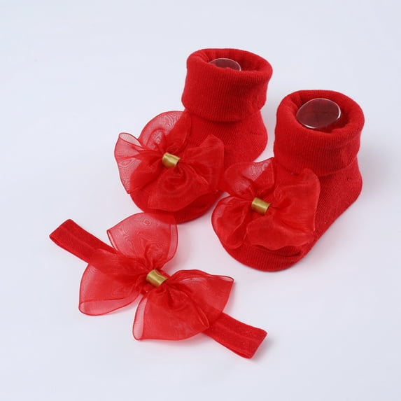 Esho Baby Girls Soft Lace Cotton Socks + Elastic Bowknot Headband, Infants Headwear Floor Socks Set, 0-6M, 6-12M