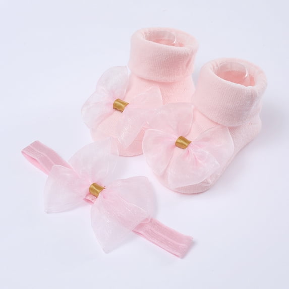 Esho Baby Girls Soft Lace Cotton Socks + Elastic Bowknot Headband, Infants Headwear Floor Socks Set, 0-6M, 6-12M