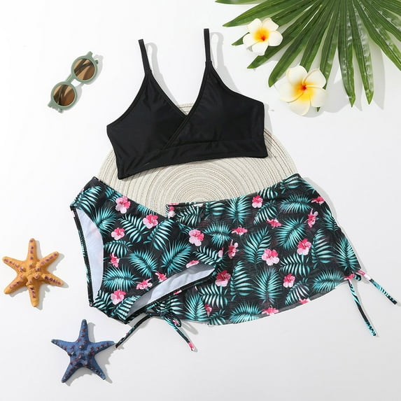 Esho Girls Swimsuits, Big Girls Solid 7-12 Bikinis Bathing Suit, 3 Pieces, Size 7-12T